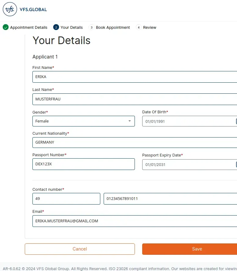 VFS Your Details
